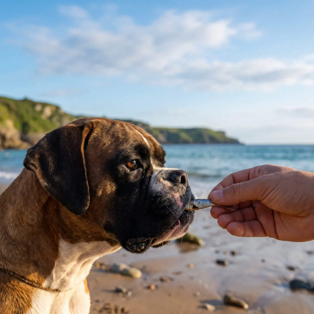 boxer comiendo sardina deshidratada