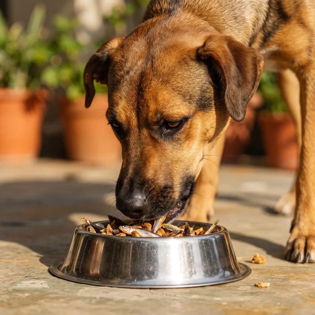 perro comiendo mix de pescado